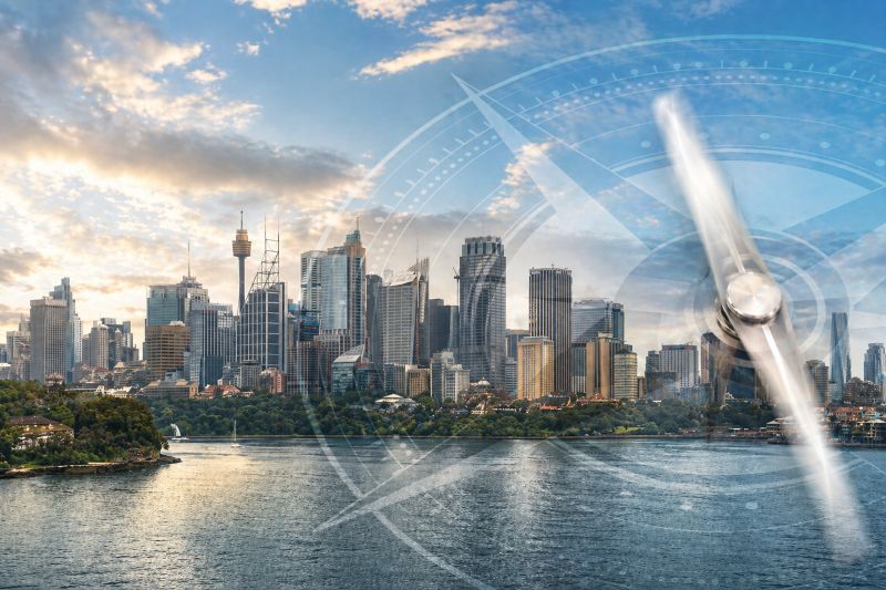Sydney skyline overlain with a buzzing compass